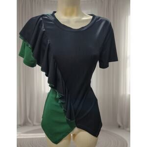Black / Green Ruffle Blouse - Sz M - silky material, short sleeve top